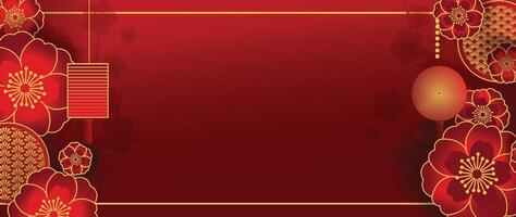 gelukkig Chinese nieuw jaar backdrop vector. behang ontwerp met bloem, lantaarn, patroon Aan rood achtergrond. modern luxe oosters illustratie voor omslag, banier, website, decor, grens, kader. vector