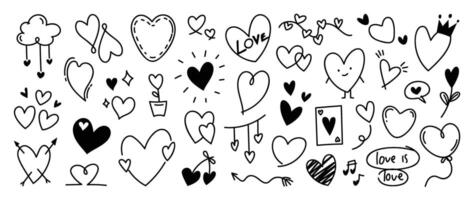 reeks van Valentijn tekening element vector. hand- getrokken tekening stijl verzameling van hart, pijl, ballon, bloem, toespraak bubbel, melodie, kaart. ontwerp voor afdrukken, tekenfilm, decoratie, sticker, clip art. vector