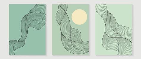 abstract lijn kunst achtergrond vector. minimalistische modern contour tekening met golvend, maan Aan groen kleur. hedendaags kunst ontwerp illustratie voor behang, muur decor, kaart, poster, omslag, afdrukken. vector