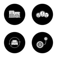 auto workshop glyph pictogrammen instellen. garage, dashboard, auto met cirkelpijl, bandenspanningsmeter. vector witte silhouetten illustraties in zwarte cirkels