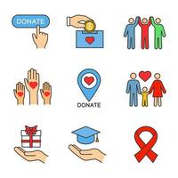 liefdadigheid gekleurde pictogrammen instellen. donatieknop, fondsenwerving, locatie liefdadigheidsorganisatie, familie, cadeau, gratis onderwijs, eenheid in verscheidenheid, anti hiv lint. geïsoleerde vectorillustraties vector