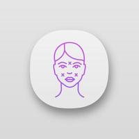 app-pictogram voor neurotoxine-injectieplaatsen. gezichtsmarkering voor cosmetische ingreep. neurotoxine injectie voorbereiding. gezichtsverjonging. ui ux-interface. mobiele applicatie. vector geïsoleerde illustratie