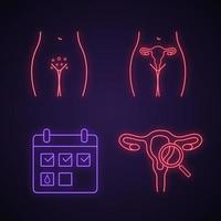 gynaecologie neonlicht iconen set. genitale uitslag, vrouwelijk voortplantingssysteem, menstruatiekalender, gynaecologisch onderzoek. gloeiende borden. geïsoleerde vectorillustraties vector