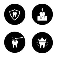 tandheelkunde glyph pictogrammen instellen. stomatologie. tandenbescherming, tandextractie, stomatologische boor, tandkroon. vector witte silhouetten illustraties in zwarte cirkels