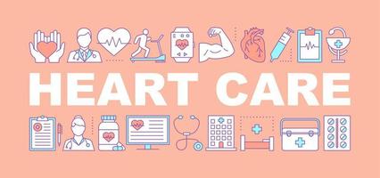 hart zorg woord concepten banner. cardiologie. behandeling en diagnose van hart- en vaatziekten. geïsoleerde belettering typografie idee met lineaire pictogrammen. vector overzicht illustratie