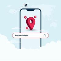 mobiel navigatie mobiel app voor reizend. reizen de wereld nu met het beste pakketjes. reizen agentschap sociaal media Promotie banier met een mobiel telefoon scherm en plaats icoon, en vliegtuigen. vector