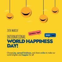 Internationale wereld geluk dag. 20e maart Internationale wereld geluk dag met hangende glimlach emoji's in geel kleur. geluk dag banier in geel achtergrond. vector