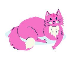 schattig aan het liegen roze kat in vlak tekenfilm stijl. vector geïsoleerd hand- getrokken illustratie voor sticker, banier, poster, ansichtkaart
