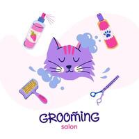 uiterlijke verzorging salon. schattig het baden kat in vlak tekenfilm stijl. gelikter borstel, mengen schaar, shampoo voor huisdier poetsen. vector logo ontwerp met handgeschreven typografie voor branding, banier, ansichtkaart