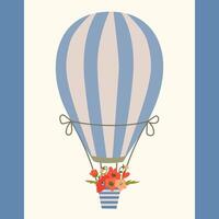 een illustratie met een heet lucht ballon en een gestreept mand met papavers. vector
