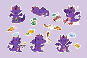 schattig hand- getrokken vlak draak kinderen sticker set. speels dier met vrienden. vector kinderen illustratie in kawaii tekenfilm stijl. modieus illustratie voor sticker, decoratie. symbool van de jaar