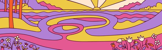 jaren 70 groovy landschap achtergrond met abstract bergen, zonsondergang. ansichtkaart ontwerpen met kleurrijk abstract vormen. vector lineair hand- getrokken illustratie