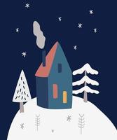 kerstkaart met een winterhuis en kerstbomen. landschap. wintervakantie natuur wenskaarten ontwerpsjabloon, frame. gezellige winter. vector xmas illustratie.