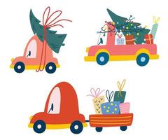 kerstauto's met geschenkdozen en een kerstboomset. kerst vrachtwagen. items voor decoratie voor het nieuwe jaar. vectorillustratie voor decor, textiel, behang, print, wenskaarten. vector