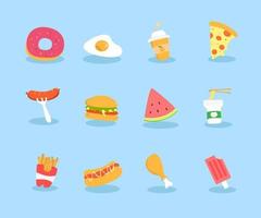 fast food icon set bestaande uit hamburger donuts franse frietjes eieren citroensap pizza watermeloen worst instant noedels hotdogs gebakken kip en ook ijs vector