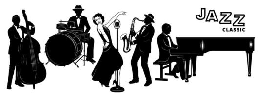 klassiek jazz- band silhouetten set. pianist, zanger, dubbele bassist, saxofonist, trommelaar. vector cliparts geïsoleerd Aan wit.