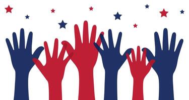 silhouet van blauw en rood gekleurde verhogen handen net zo Verenigde staten van Amerika vlag symbool. Verenigde staten verkiezingen concept. vector