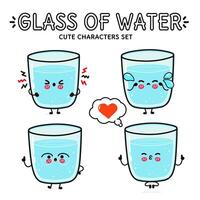 grappig schattig gelukkig glas van water tekens bundel set. vector hand- getrokken tekening stijl tekenfilm karakter illustratie icoon ontwerp. geïsoleerd wit achtergrond. glas van water mascotte karakter verzameling