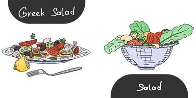 Griekse salade met kruiden en tomaten. doodle schets vector