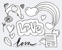 hand getrokken doodles instellen voor Valentijnsdag. verzameling van mooie harten en geschriften liefde. vectorillustratie. vector