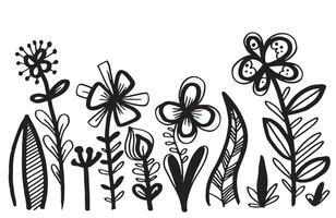 zwarte silhouetten van gras, bloemen en kruiden geïsoleerd op een witte achtergrond. hand getrokken schets bloemen. vector