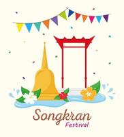 happy songkran festival belettering met bel en slingers vector