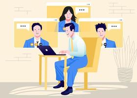 online vergadering illustratie vector ontwerpconcept. man en vrouw op externe werkconferentie. werk vanuit huis met virtuele video. cartoon mensen discussie.