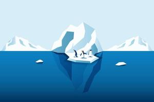 klimaatverandering is echt. pinguïn op smeltend bergijs en zeespiegel stijgend vectorillustratieconcept vector