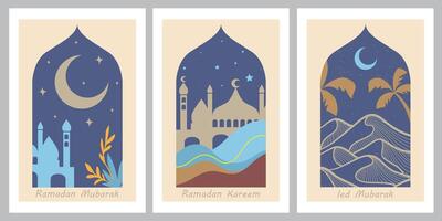 vector verzameling van oosters stijl Islamitisch moskeeën met modern boho ontwerp, maan, moskee koepels en lantaarns.ramadan kareem