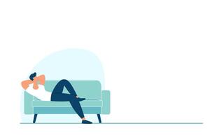 karakter aan het liegen Aan sofa en ontspannend, ontspannen Mens in bank. rusten, lui dag, weekend. uitstelgedrag concept. gelukkig dromen. modieus vlak vector illustratie.