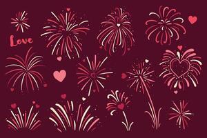reeks van vuurwerk met harten voor Valentijnsdag dag. vector grafiek.
