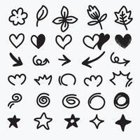 tekening hart, pijl, ster, fonkeling decoratie symbool reeks icoon. gemakkelijk schetsen lijn stijl nadruk, wervelen, patroon elementen. vector illustratie.