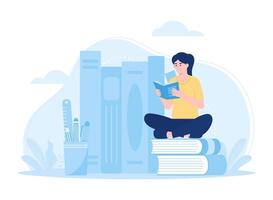 een vrouw lezing met een stack van boeken concept vlak illustratie vector