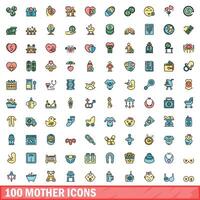 100 moeder pictogrammen set, kleur lijn stijl vector
