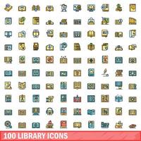 100 bibliotheek pictogrammen set, kleur lijn stijl vector