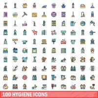 100 hygiëne pictogrammen set, kleur lijn stijl vector