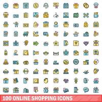 100 online boodschappen doen pictogrammen set, kleur lijn stijl vector