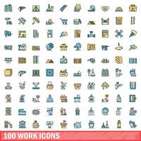 100 werk pictogrammen set, kleur lijn stijl vector