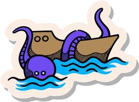 hand- getrokken sticker stijl schip en reusachtig Octopus icoon vector illustratie