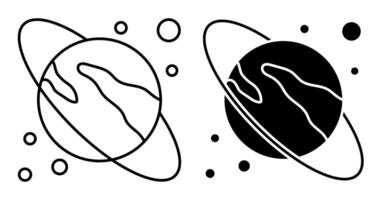 planeet Saturnus met ring icoon. verkennen ruimte en zonne- systeem Bij school. gemakkelijk lineair zwart en wit vector