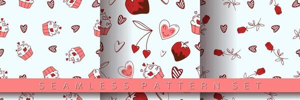 reeks van naadloos patroon voor Valentijnsdag dag met hart en liefde elementen Aan een wit achtergrond. vector tekening thema set, romance voor kaarten, spandoeken, flyers, uitnodiging, blog, omhulsel papier, afdrukken.