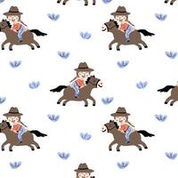 cowboy kinderachtig patroon met veedrijfster. vector illustratie van tekenfilm karakter meisje Aan paard. baby werkzaamheid achtergrond buitenshuis. kan gebruikt voor poster, textiel, inpakken, verpakking.