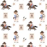 werkzaamheid jongen en meisje tekenfilm western achtergrond. vector illustratie van stier schedel, kinderen, gezocht lijst. kan gebruikt voor kinderachtig textiel, poster, cowboy feest.