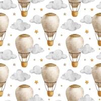 heet lucht ballon met mand, wolken en sterren. waterverf naadloos patroon. schattig baby achtergrond. voor kinderen goederen, kleren, textiel, ansichtkaarten, baby douche, behang en kinderen kamer vector