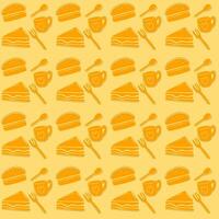 voedsel patroon met bestek, lepel, vork, beker, geel achtergrond vector