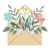 vector vlak illustratie van een schattig bloem boeket in een envelop in tekenfilm stijl. brief in een envelop met bloemen.