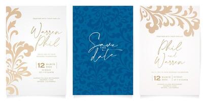 reeks van drie bruiloft uitnodigingen met een gouden ornament en donker blauw patroon ontwerpen voor briefpapier, lay-outs, collages, tafereel ontwerp, evenement folder, vakantie viering kaart papier afdrukken, Hoes etiket vector