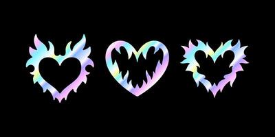 holografische harten in 2000 stijl geïsoleerd Aan zwart achtergrond. glinsterende holografische harten. 90s vector illustratie. jeugd neiging sticker.