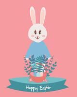 gelukkig Pasen vector illustratie. Pasen poster met konijn, mand, kleurrijk eieren en bloemen.