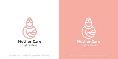 moeder Holding baby logo ontwerp illustratie. moeder omarmen baby kind zoon geboorte genegenheid zorg. minimaal lineair icoon symbool mededogen teder warmte vrouwelijk moederlijk ouder familie geluk. vector